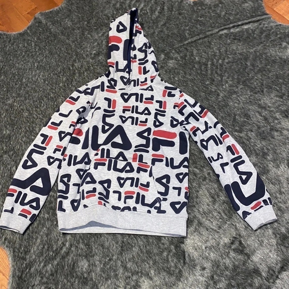 FILA multi coloured logo  printed unisex boy hoodie Sz XL - Picture 5 of 9